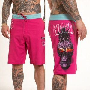 Sullen Art Collective Mens Pink Pineapple Skull Board Shorts Size 36 Swim Trunks